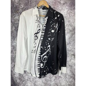 Shirt Mens Black White Musical Note Piano Print 90s Artsy Performance Jazz